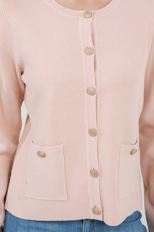 Long Sleeve Button Down Knit Cardigan Pink