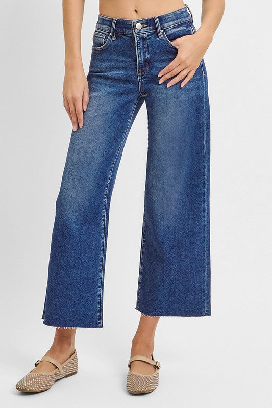High Rise Cropped Wide Leg Jeans Dark Wash