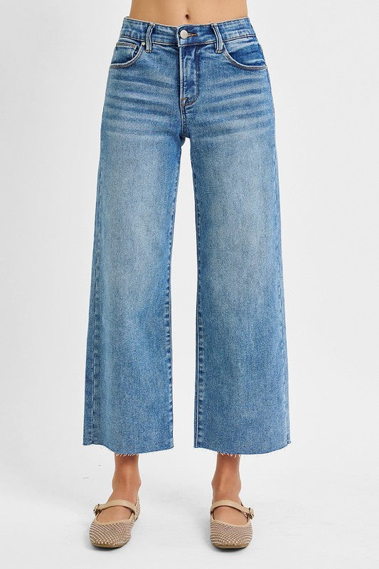 High Rise Cropped Wide Leg Jeans Medium Wash