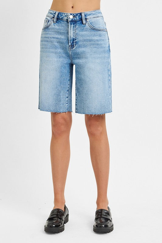High Rise Raw Hem Denim Bermuda Shorts Medium Wash