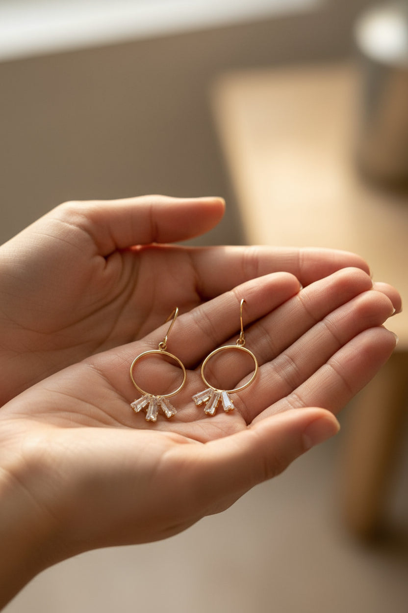 Triple Glass Charm Hoop Dangle Drop Earrings Gold