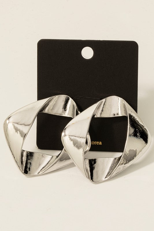 Folded Flat Hoop Stud Drop Earrings Silver