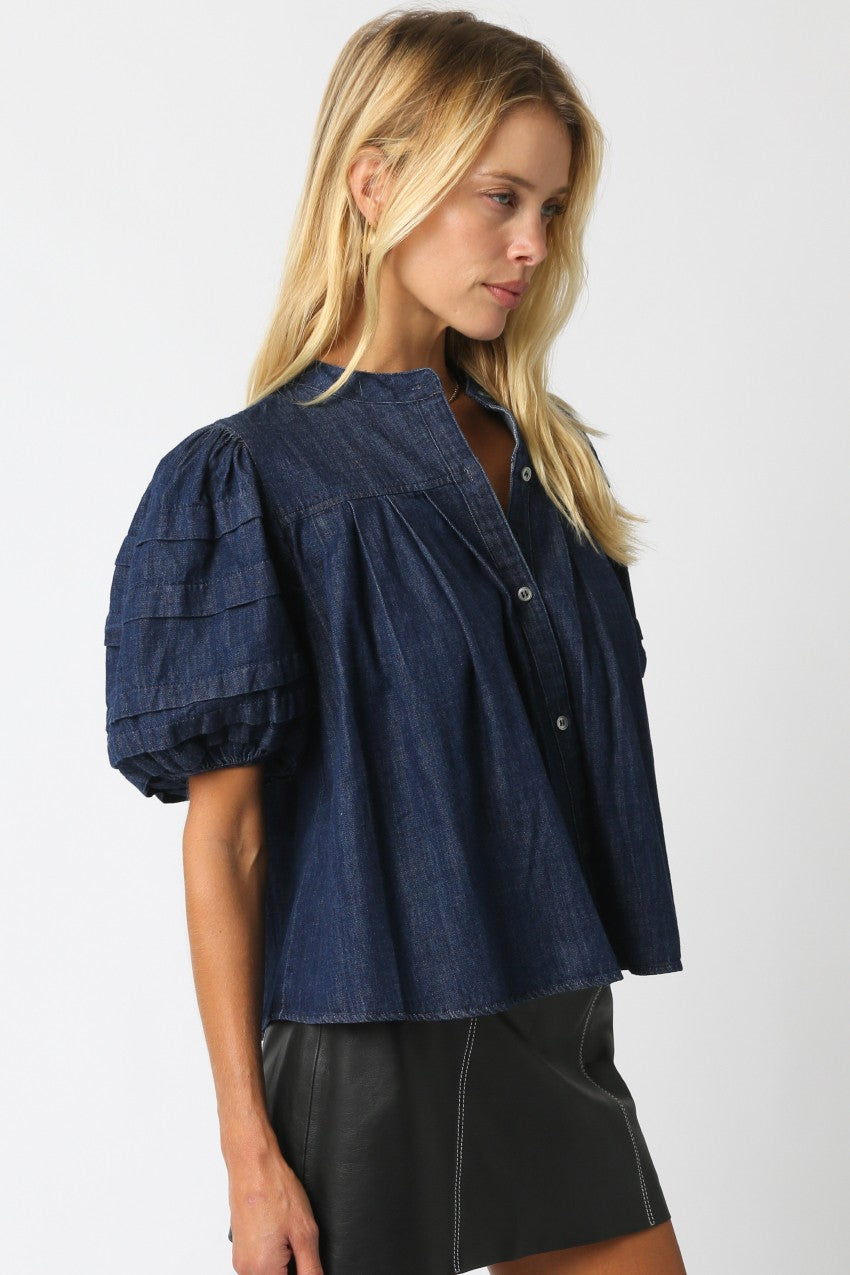 Short Puff Sleeve Button Down Denim Top Dark Wash