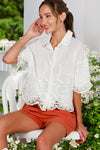 Short Sleeve Button Down Floral Scalloped Lace Top White
