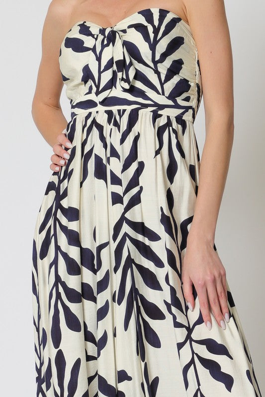 Sleeveless Back Tie Tropical Print Wide Leg Jumpsuit Ivory