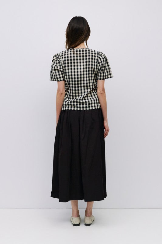 Short Puff Sleeve Front Tie Gingham Print Top Black