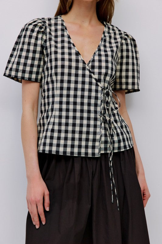 Short Puff Sleeve Front Tie Gingham Print Top Black