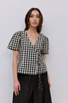 Short Puff Sleeve Gingham Print Front Tie Top Black