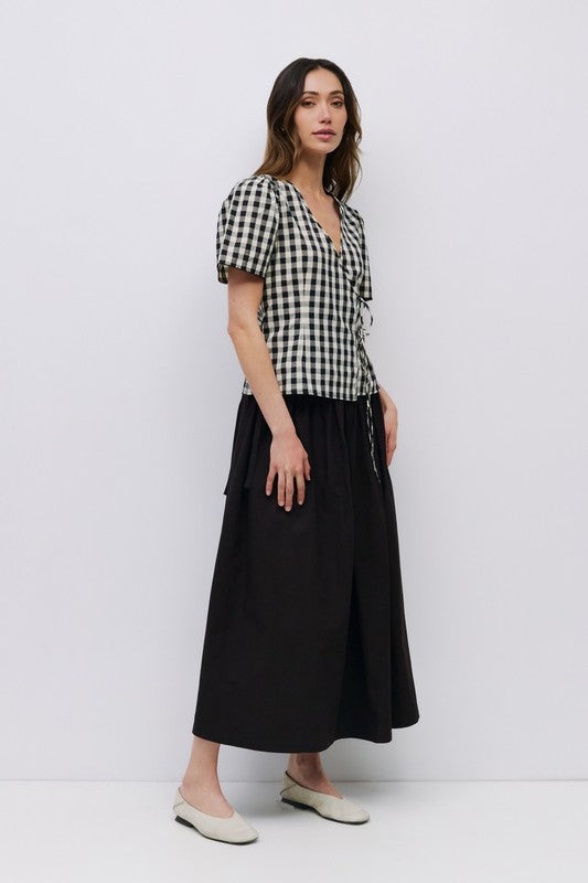 Short Puff Sleeve Front Tie Gingham Print Top Black