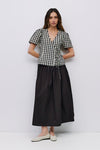 Short Puff Sleeve Front Tie Gingham Print Top Black