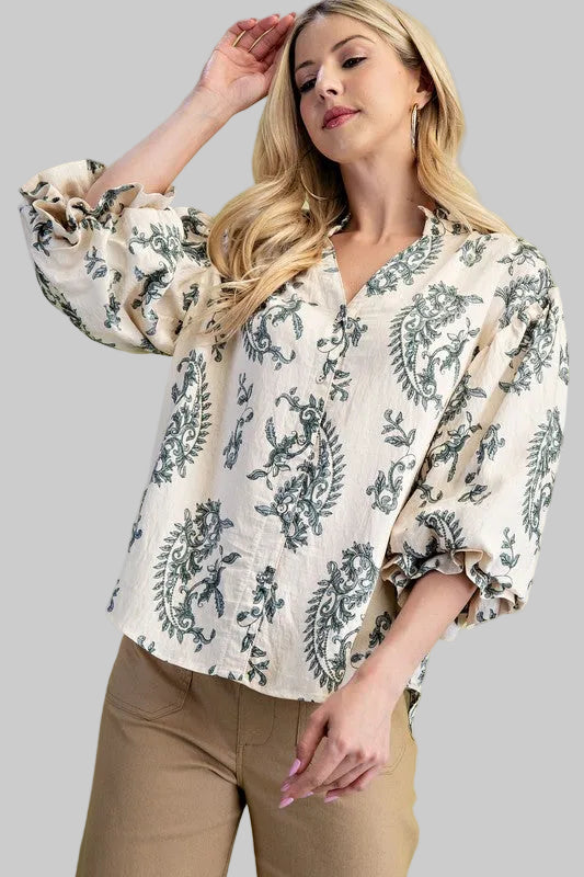 Balloon Sleeve Button Down Printed Top Navy