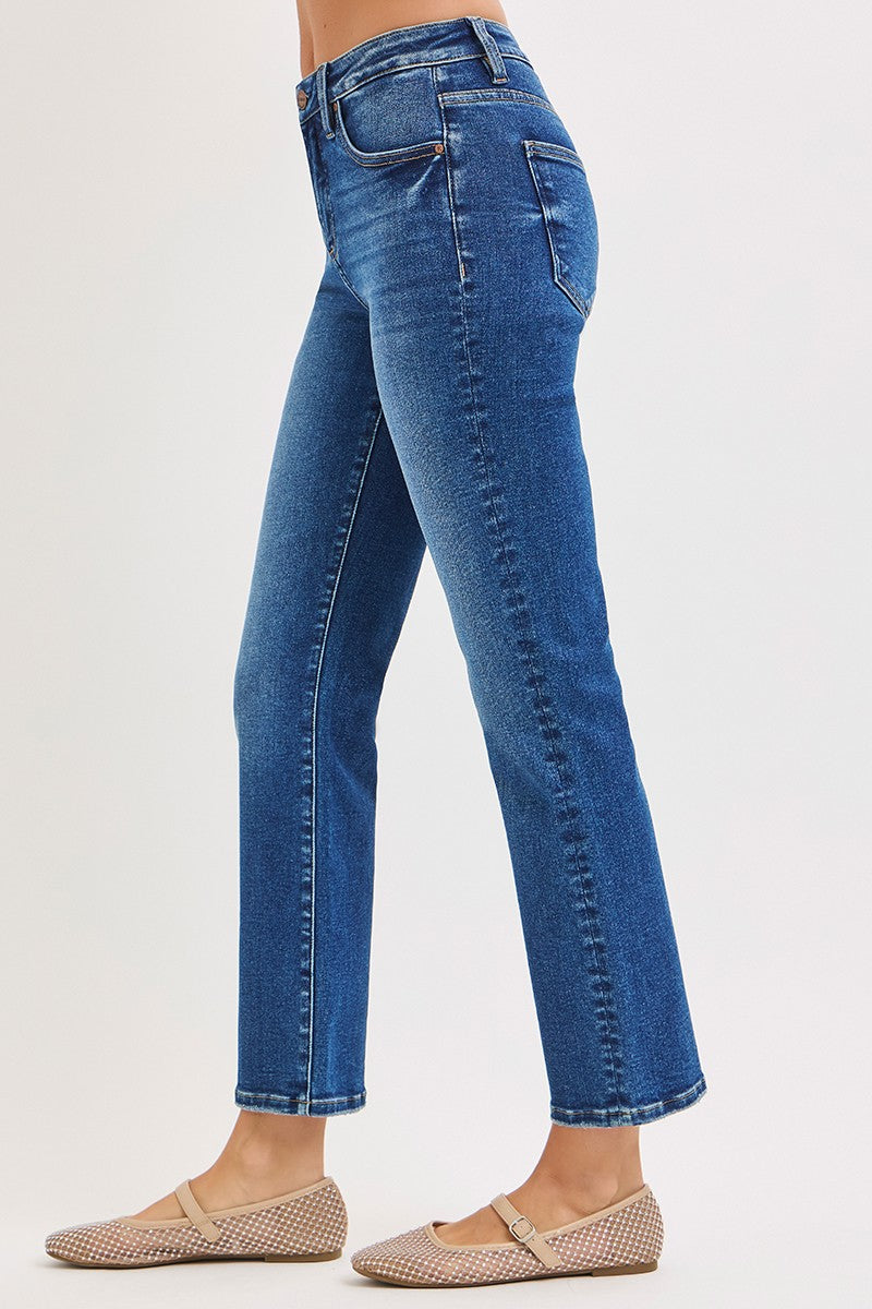 High Rise Cropped Straight Leg Jeans Dark Wash