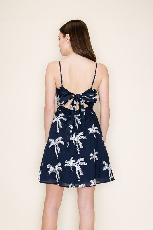 Sleeveless Embroidered Palm Print Mini Dress Navy