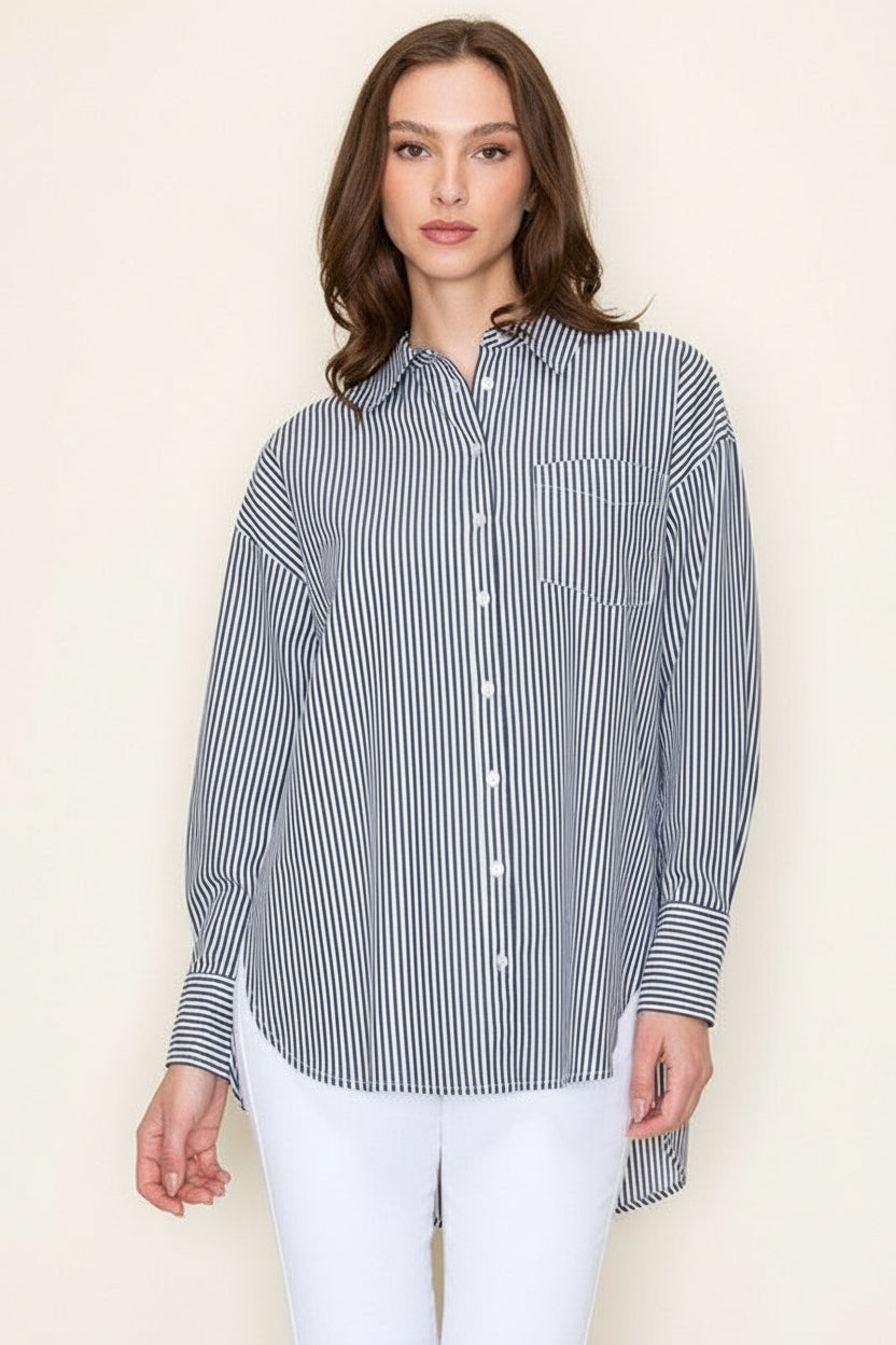 Long Sleeve Button Down Stripe Print Top Blue