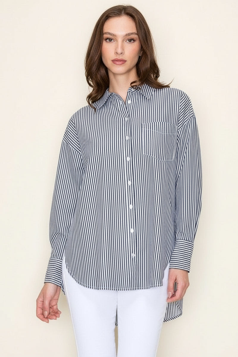 Long Sleeve Button Down Stripe Print Top Blue
