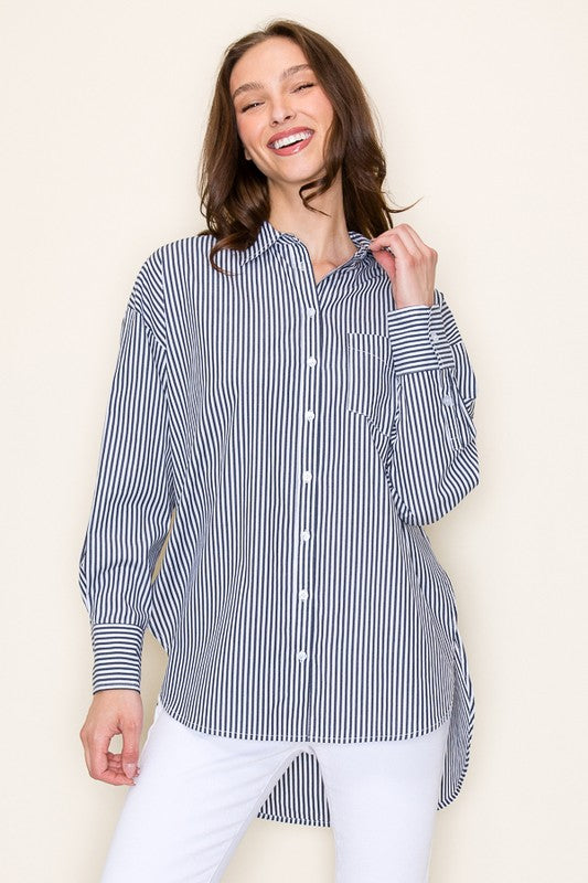 Long Sleeve Button Down Stripe Print Top Blue