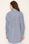 Long Sleeve Button Down Stripe Print Top Blue