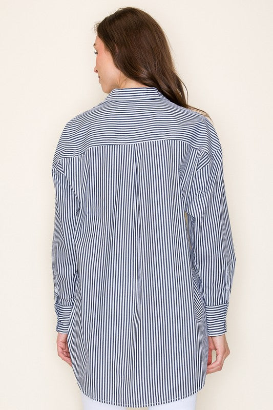 Long Sleeve Button Down Stripe Print Top Blue