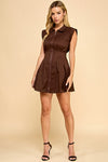 Cap Sleeve Pleated Zip Up Mini Dress Mocha
