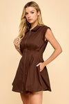 Cap Sleeve Pleated Zip Up Mini Dress Mocha