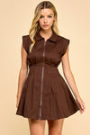 Cap Sleeve Pleated Zip Up Mini Dress Mocha