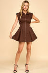Cap Sleeve Pleated Zip Up Mini Dress Mocha