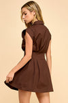Cap Sleeve Pleated Zip Up Mini Dress Mocha