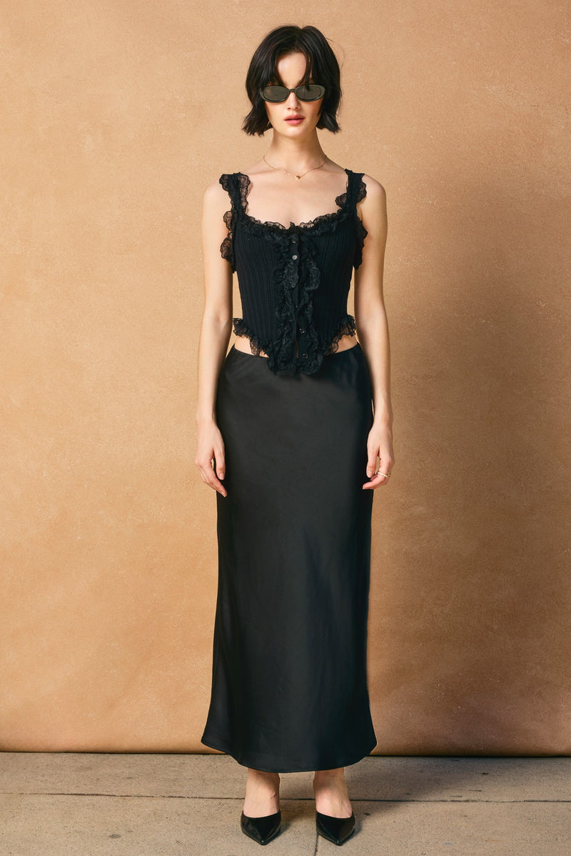 Sleeveless Lace Button Down Knit Top Black