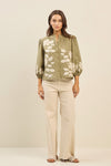 Ren 3/4 Sleeve Button Down Floral Embroidered Top Olive