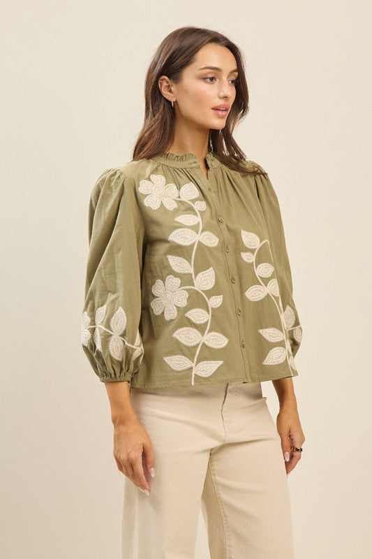 Ren 3/4 Sleeve Button Down Floral Embroidered Top Olive