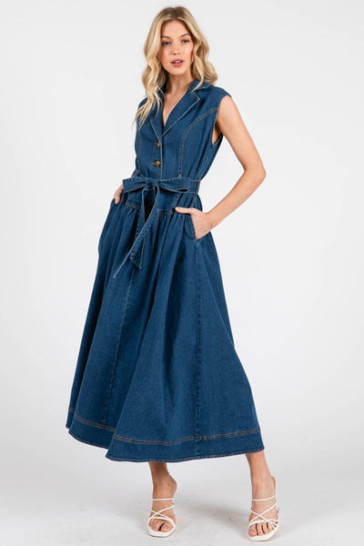 Annalise Sleeveless Waist Tie Denim Maxi Dress Dark Wash – Miss