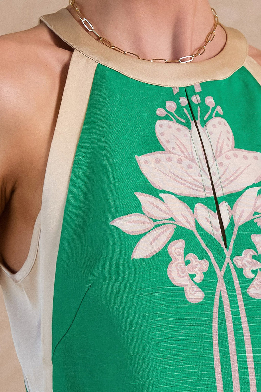 Sleeveless Floral Print Linen Top Green