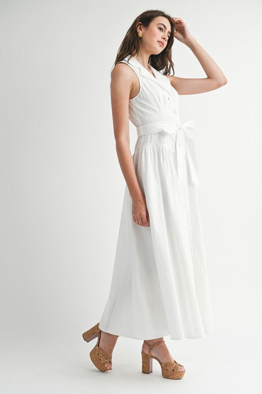 knee length dresses for ladies Dariana Sleeveless Waist Tie Button Front Midi Dress White Small