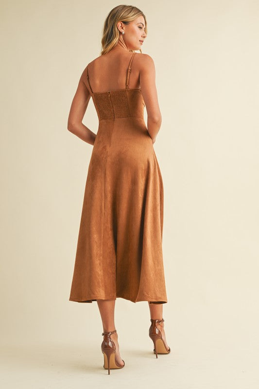 Sleeveless Corset Faux Suede Midi Dress Camel