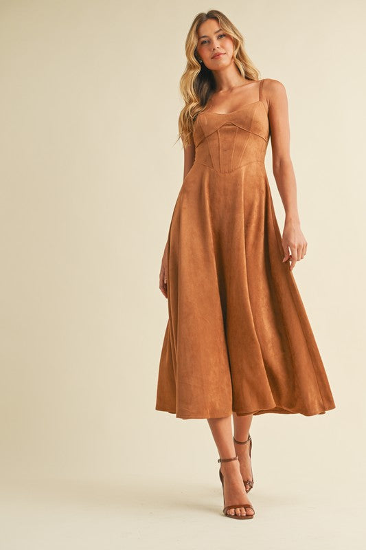 Sleeveless Corset Faux Suede Midi Dress Camel