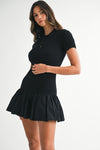 Short Sleeve Ribbed Knit Flared Mini Dress Black