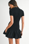 Short Sleeve Ribbed Knit Flared Mini Dress Black