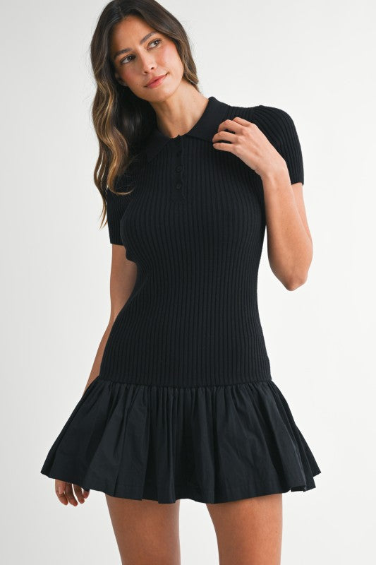Short Sleeve Ribbed Knit Flared Mini Dress Black