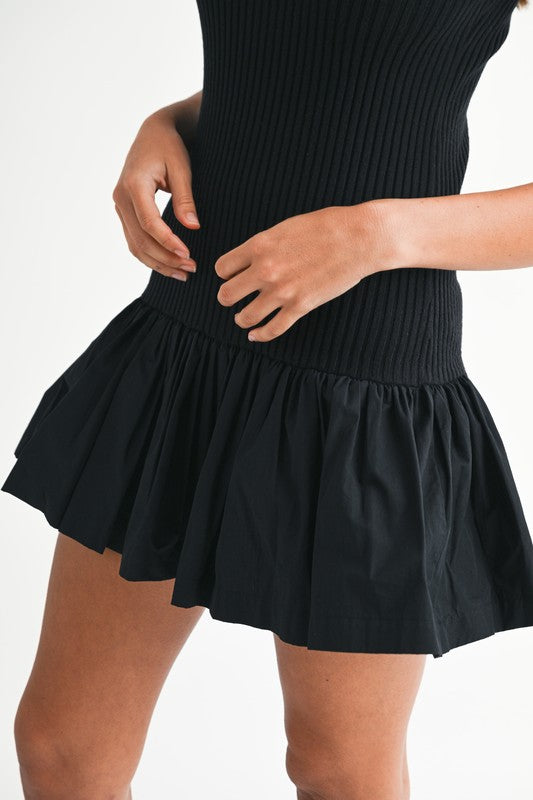 Short Sleeve Ribbed Knit Flared Mini Dress Black