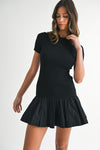 Short Sleeve Ribbed Knit Flared Mini Dress Black