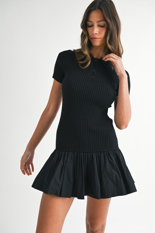 Short Sleeve Ribbed Knit Flared Mini Dress Black