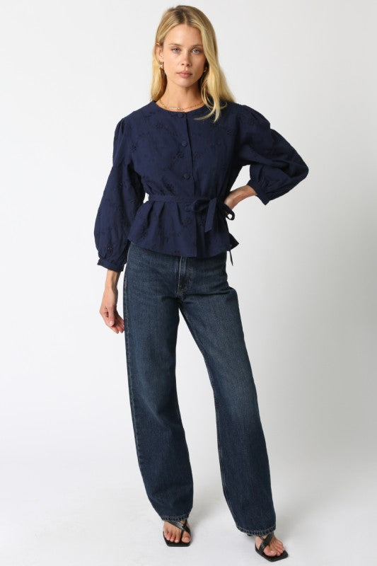 Long Sleeve Belted Floral Embroidered Top Navy