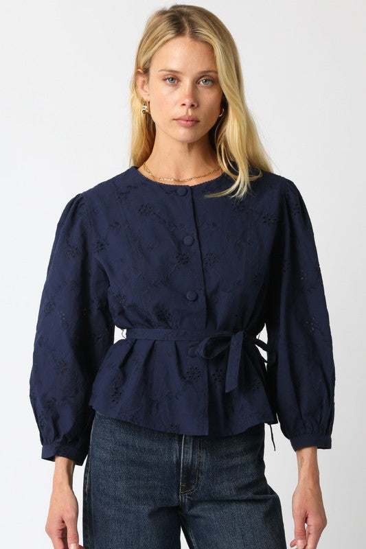 Long Sleeve Belted Floral Embroidered Top Navy