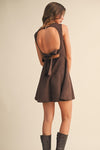 Sleeveless Faux Suede Open Back Tie Mini Dress Brown