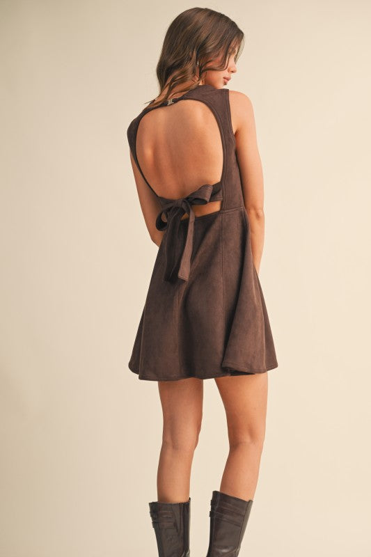 Sleeveless Faux Suede Open Back Tie Mini Dress Brown
