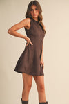 Sleeveless Faux Suede Open Back Tie Mini Dress Brown