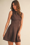 Sleeveless Faux Suede Open Back Tie Mini Dress Brown