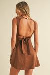Sleeveless Faux Suede Open Back Tie Mini Dress Camel