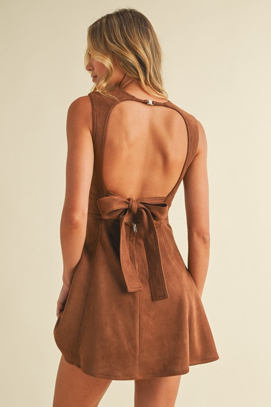 Sleeveless Faux Suede Open Back Tie Mini Dress Camel