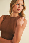 Sleeveless Faux Suede Open Back Tie Mini Dress Camel